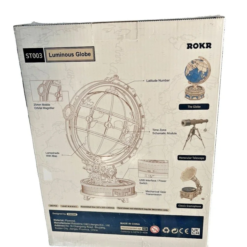 ROKR Luminous Globe ST003 3D Wooden Puzzle DIY Model Kit Curious Discovery - New